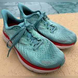 Hoka One One Clifton 8 Wide Aquarella Blue Running Shoe Women Size 9D VGC Clean